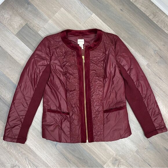 Zenergy by Chico’s Quilted Embroidered Puffer Moto Jacket Maroon Red Small - Picture 12 of 16